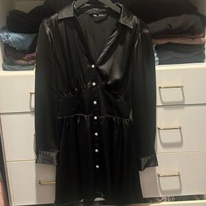 Zara satin button down black dress with jewels